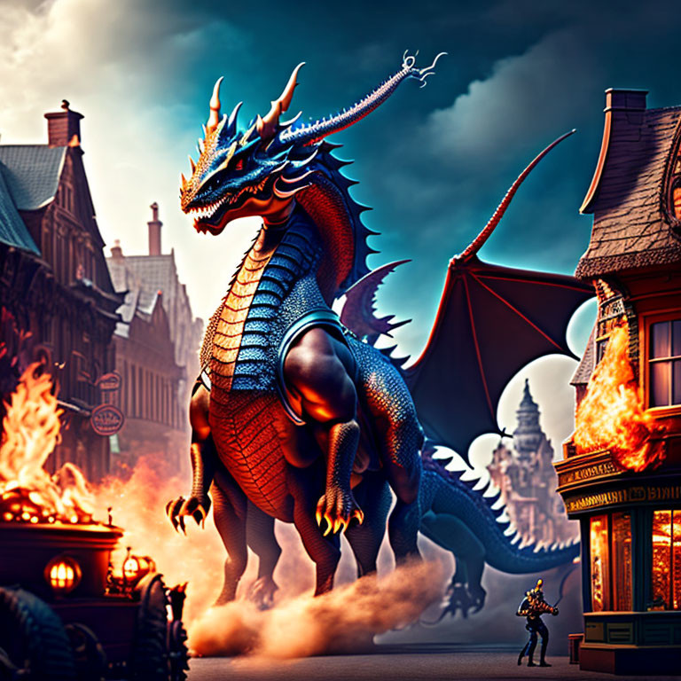 Dragon and knight face off in burning medieval town