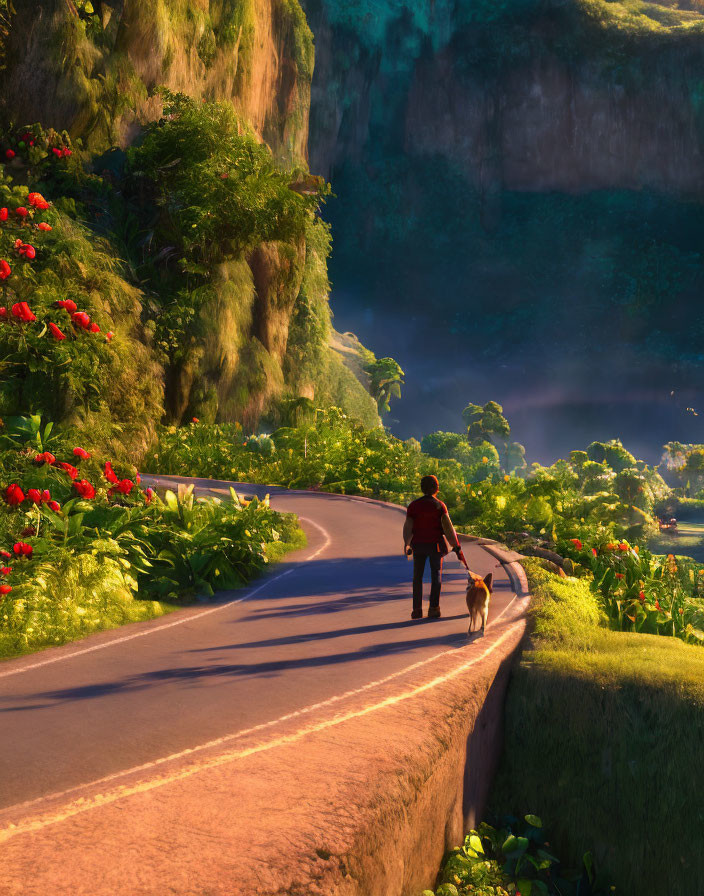 Person and dog walking on sunlit road with greenery, red flowers, and misty cliffs
