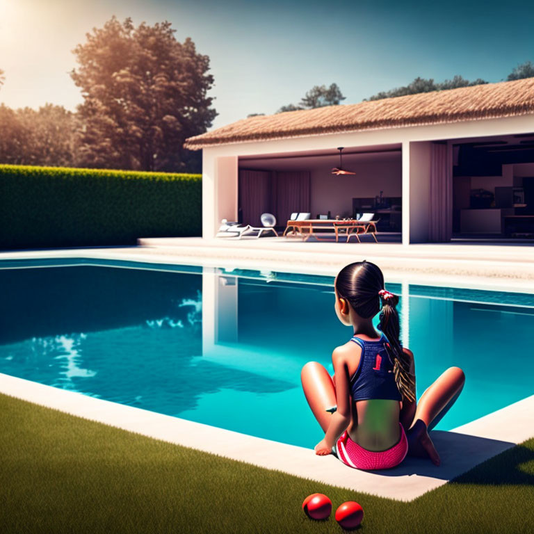 Young girl sitting by pool with feet in water, facing house and patio in serene backyard.