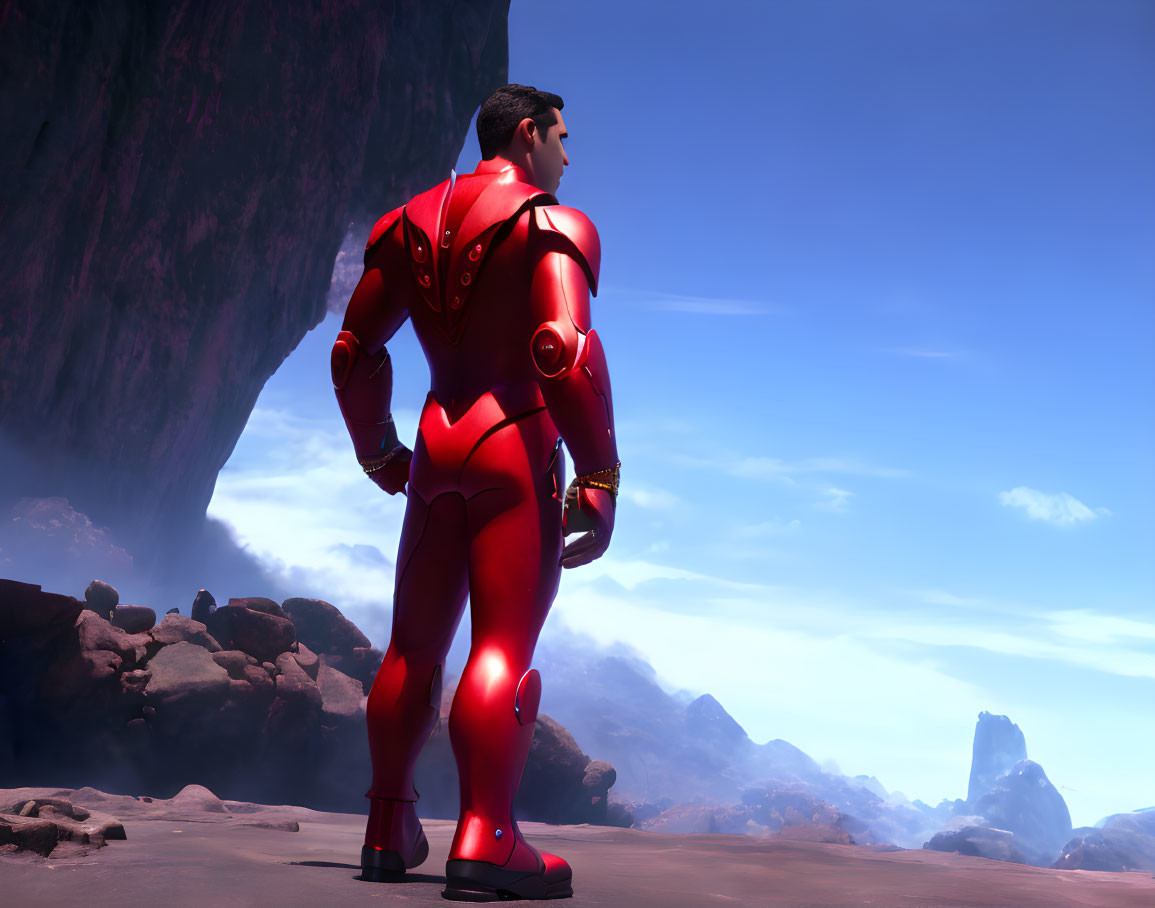 Futuristic armor suit person on rocky terrain with cliffs