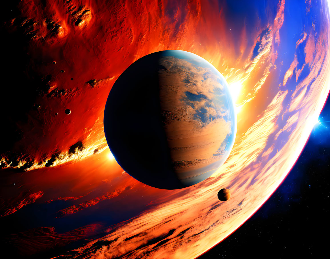 Detailed Space Scene: Earth-like Planet, Moon, Fiery Nebula, Distant Sun
