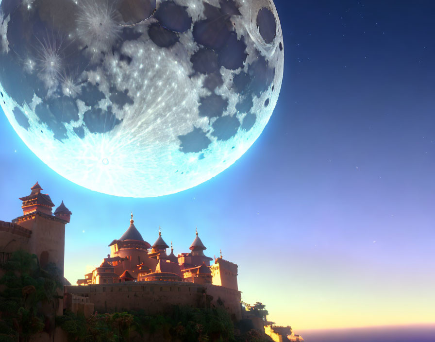Castle on Cliff at Sunset with Detailed Moon in Twilight Sky