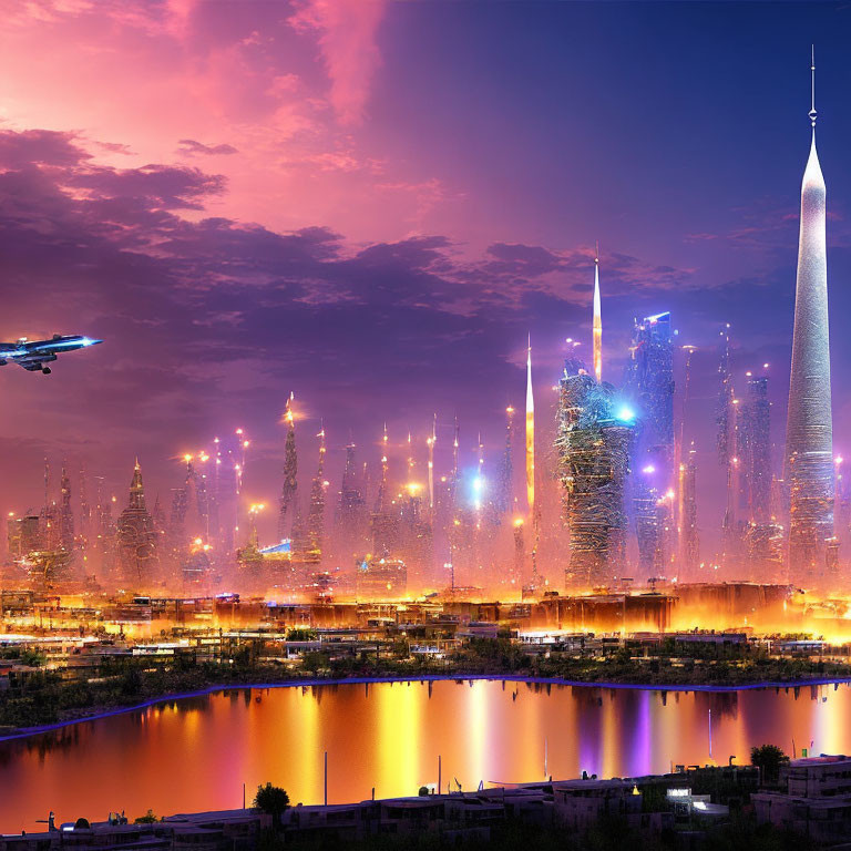 Futuristic city skyline at dusk with neon-lit skyscrapers and tranquil river under purple sky