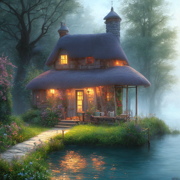 Thatched Cottage by Tranquil River at Dusk