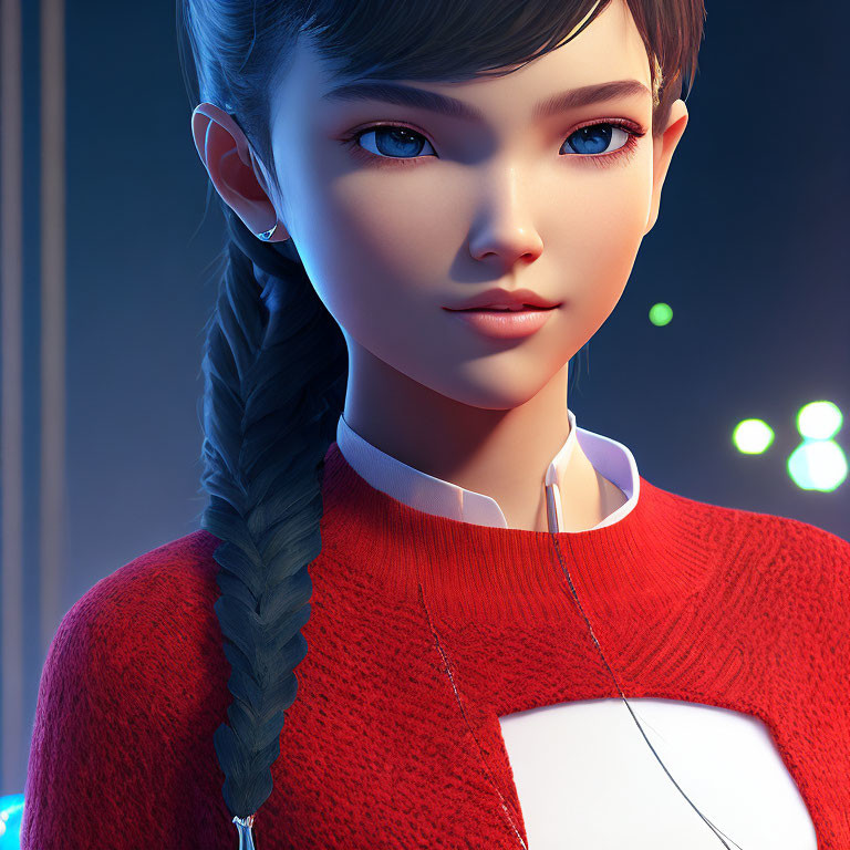 Digital illustration: young girl with braid, red sweater, glowing eyes, blue-lit background.