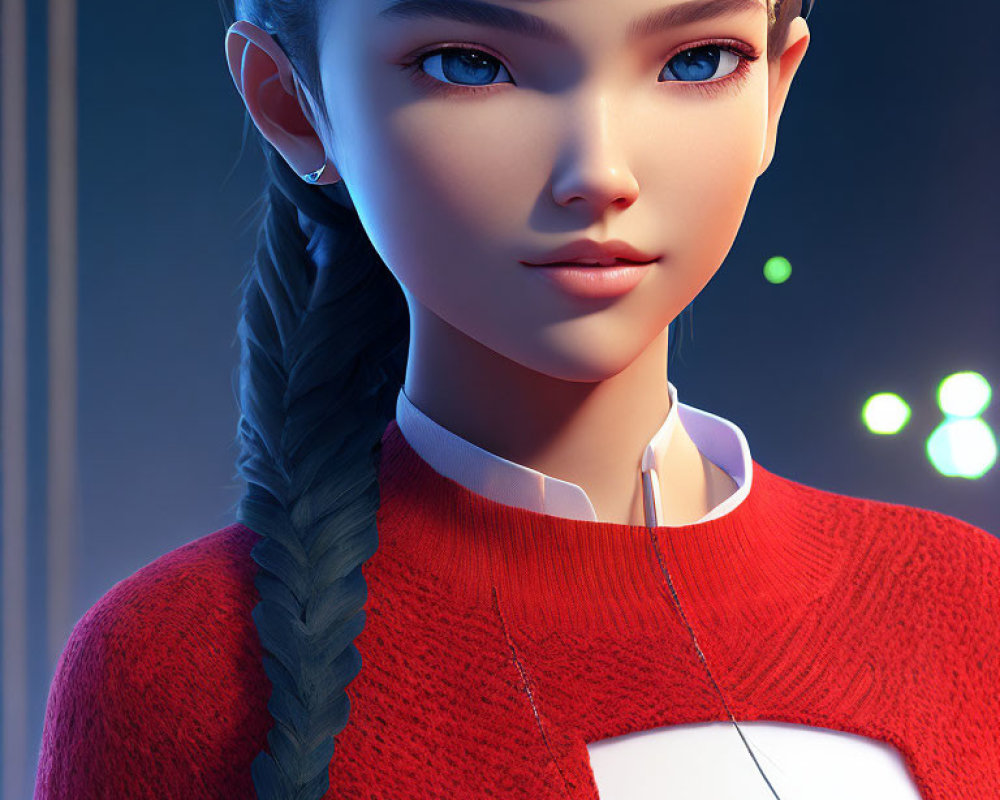 Digital illustration: young girl with braid, red sweater, glowing eyes, blue-lit background.