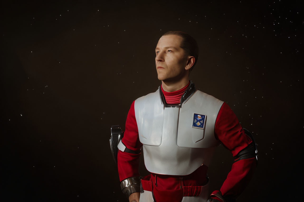 Person in Red and White Space Suit with Badge on Chest Against Starry Black Background