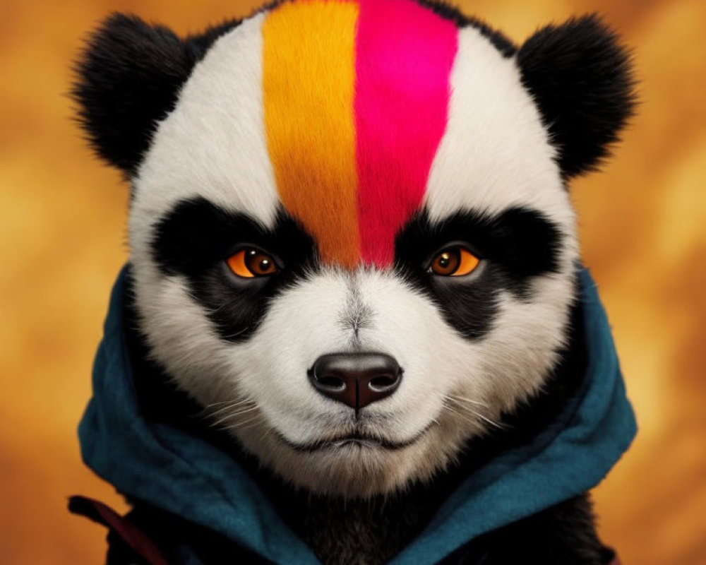 Colorful Panda with Rainbow Hair and Blue Scarf on Golden Background
