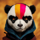 Colorful Mohawk Panda Art on Fiery Orange Background with Black Hoodie