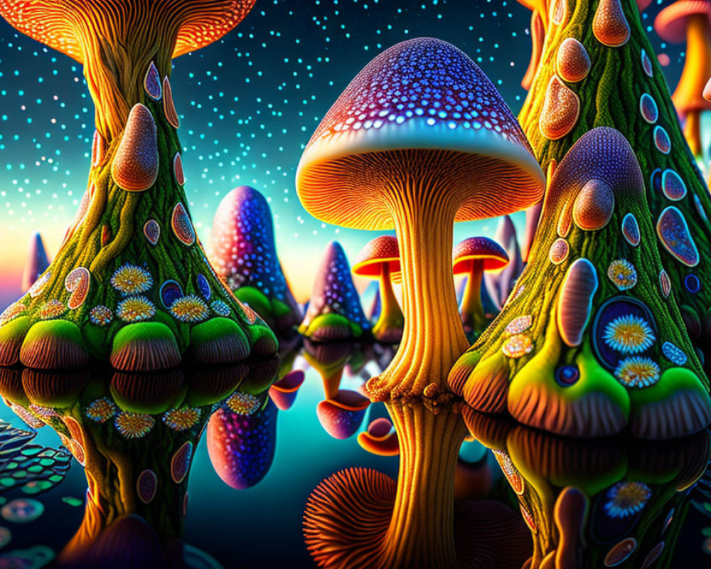 Colorful Stylized Mushroom Art in Fantastical Landscape