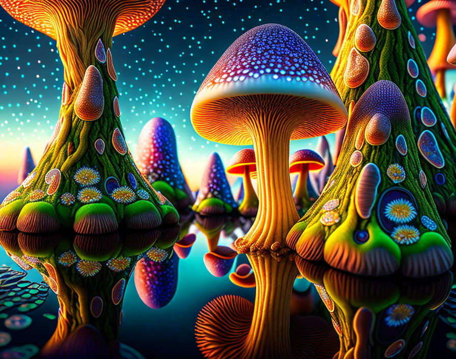 Colorful Stylized Mushroom Art in Fantastical Landscape