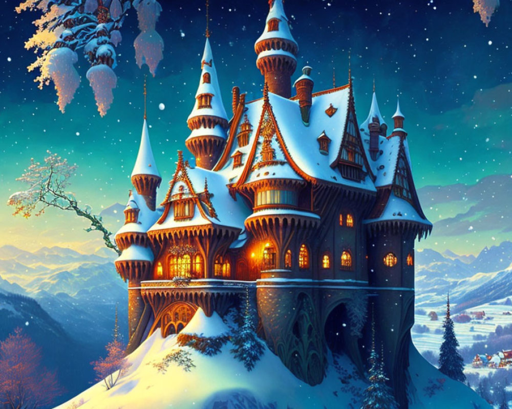 Majestic castle in snowy night landscape with starry sky
