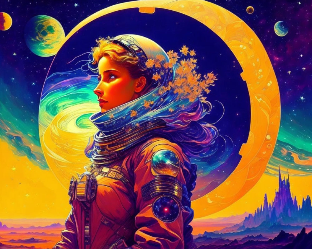 Colorful Female Astronaut Illustration with Floral Helmet in Cosmic Scene