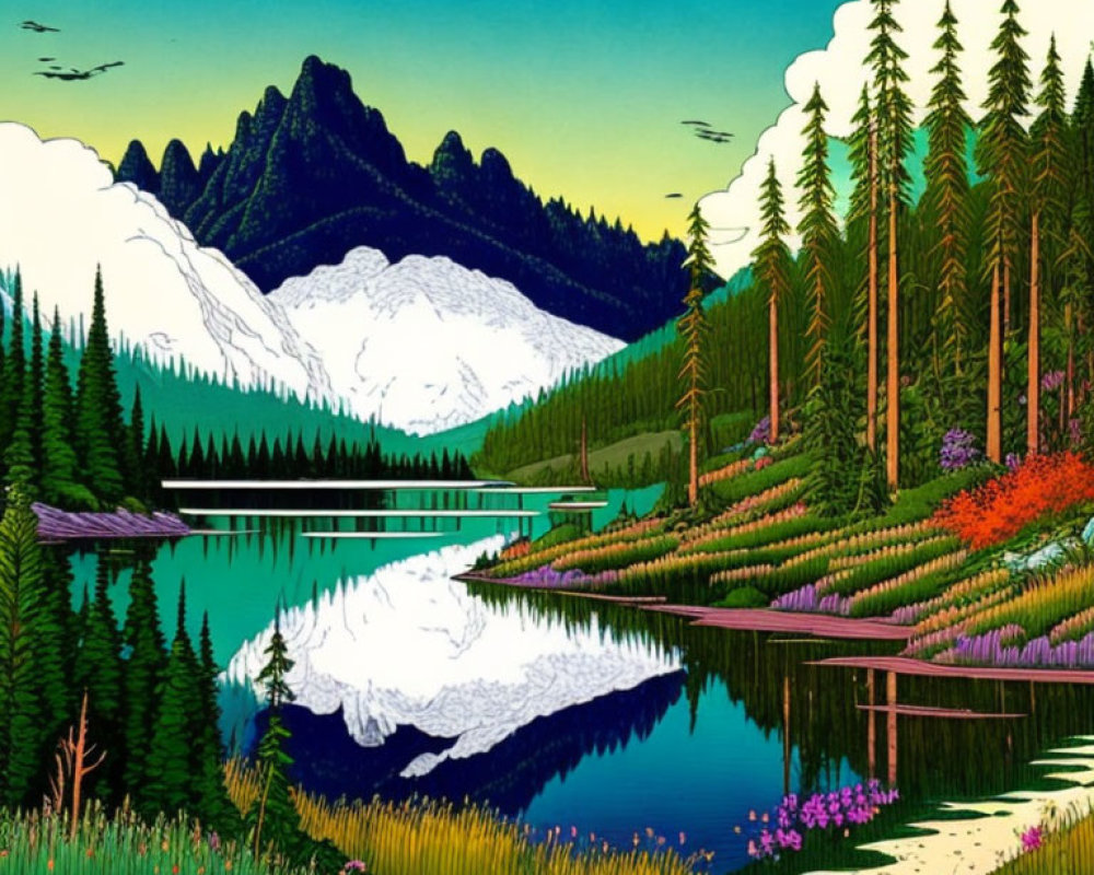 Tranquil mountain lake landscape with pine trees and colorful flora at dusk