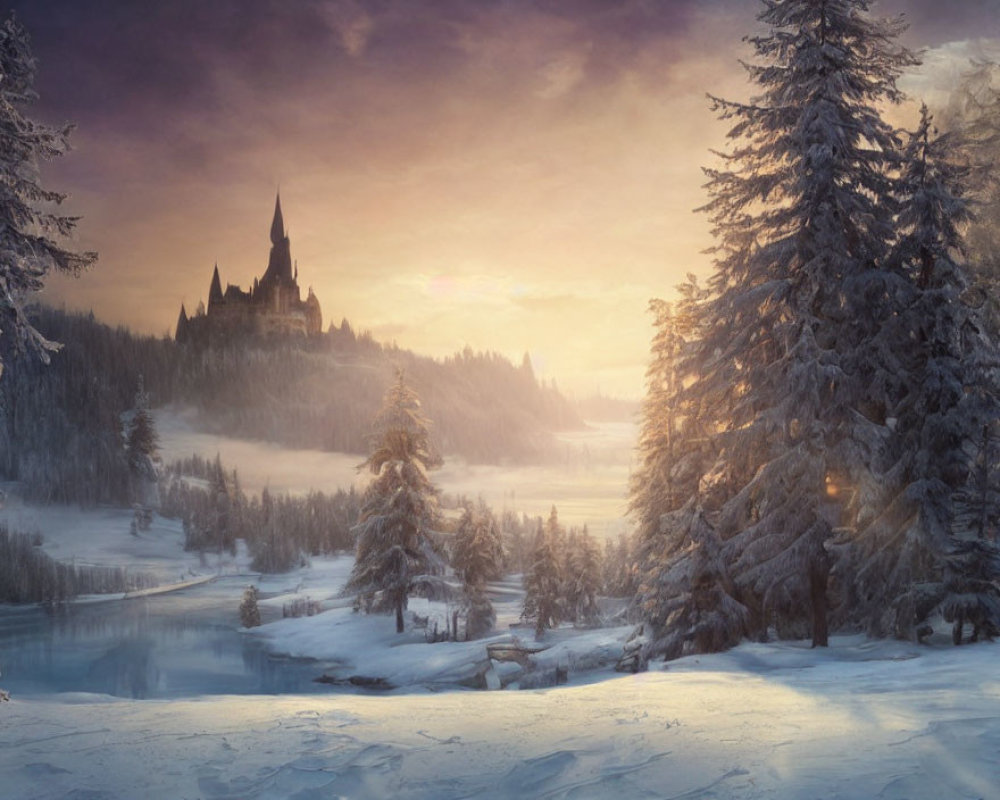 Wintry sunset landscape with castle on distant hill and frozen river