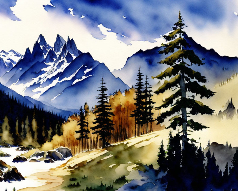 Mountain landscape watercolor painting with pine trees, river, autumn trees, and cloudy sky
