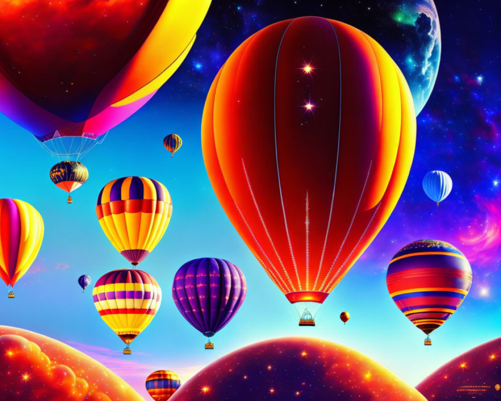 Vibrant hot air balloons in fantastical sky with planets and stars