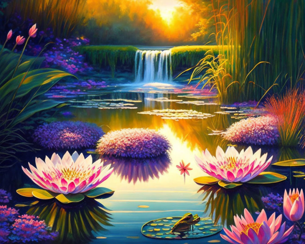 Colorful painting of waterfall, lotus flowers, frog, and sunset sky