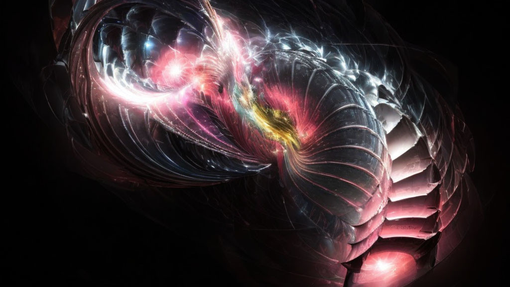 Colorful swirling cosmic fractal art on dark background