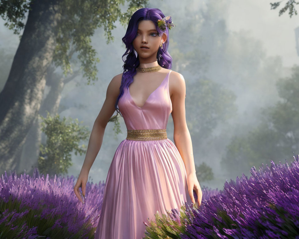 Digital artwork: Woman with purple hair in lavender field