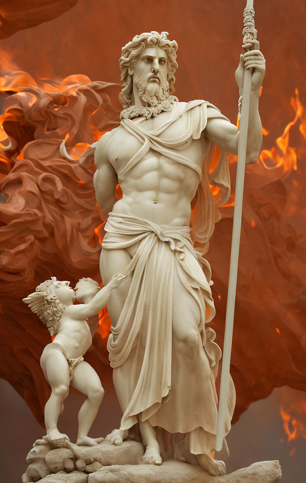 Muscular bearded man statue with staff and child figure against fiery backdrop