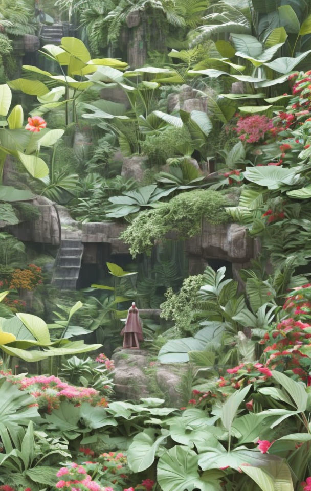 Person in pink cloak in lush garden with stone stairs and ruins