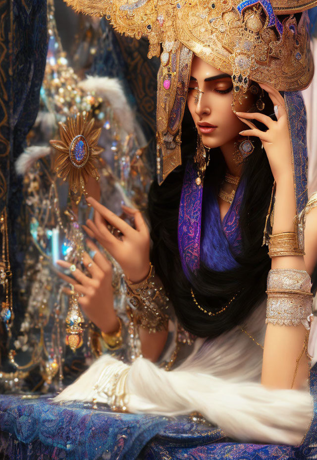 Person in jeweled headdress and blue attire with gold accents, reflecting luxury and mystique