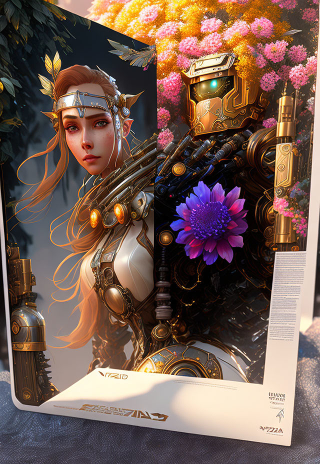 Female cyborg with gold accents and floral headpiece holding a flower