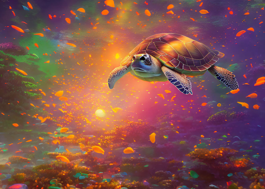 Sea turtle swimming in vibrant underwater scene with colorful fish and coral under golden light