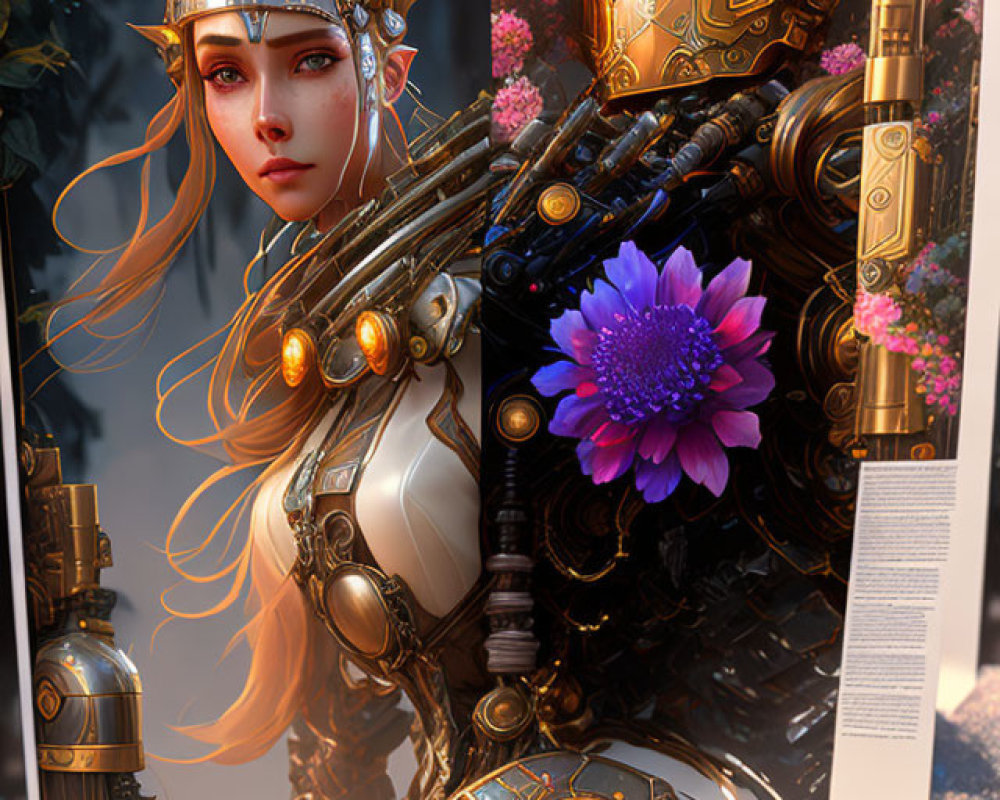 Female cyborg with gold accents and floral headpiece holding a flower
