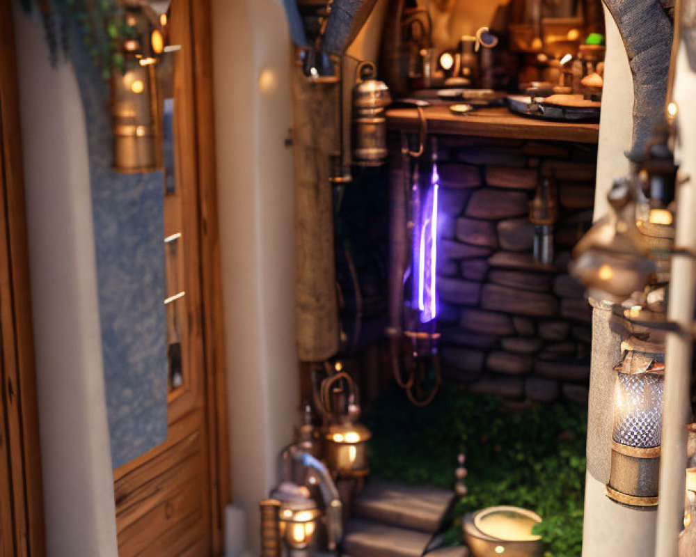 Fantasy-inspired cozy nook with wooden door, stone archway, and magical purple lighting