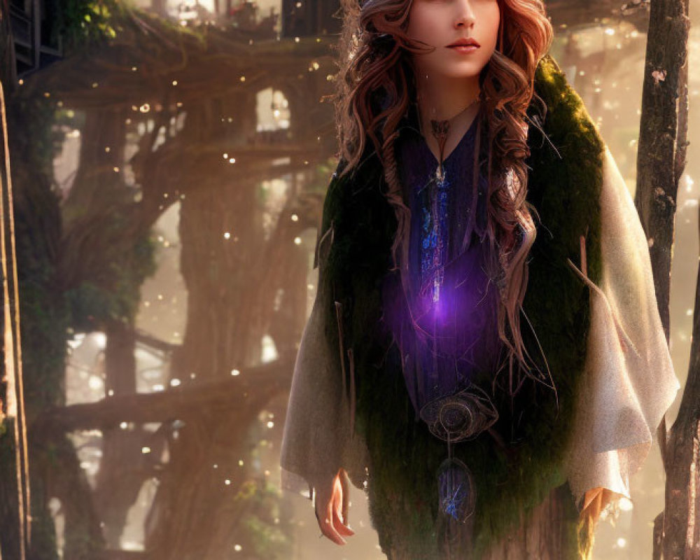Mystical female figure with glowing orb in forest setting
