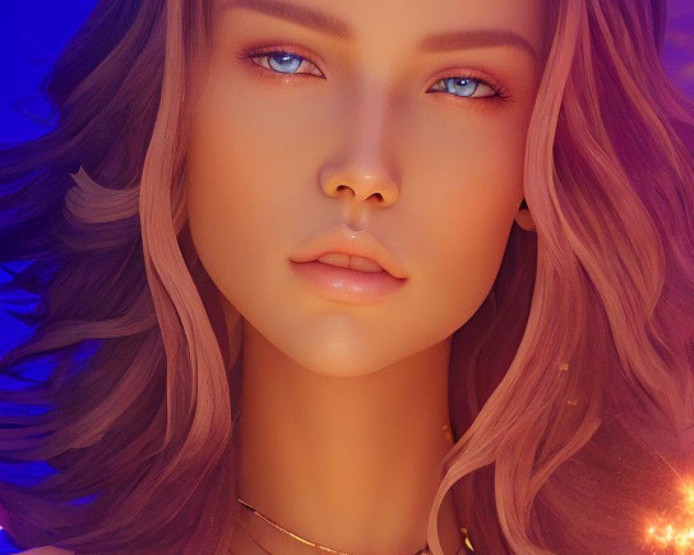 Digital artwork: Woman with blue eyes, wavy hair, forehead jewel, heart necklace, neon backdrop