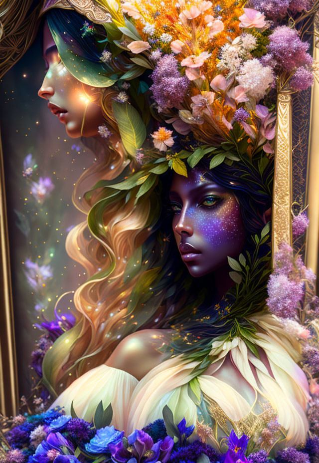 Illustrated woman with floral crown and flowing hair reflected in mirror surrounded by glowing particles