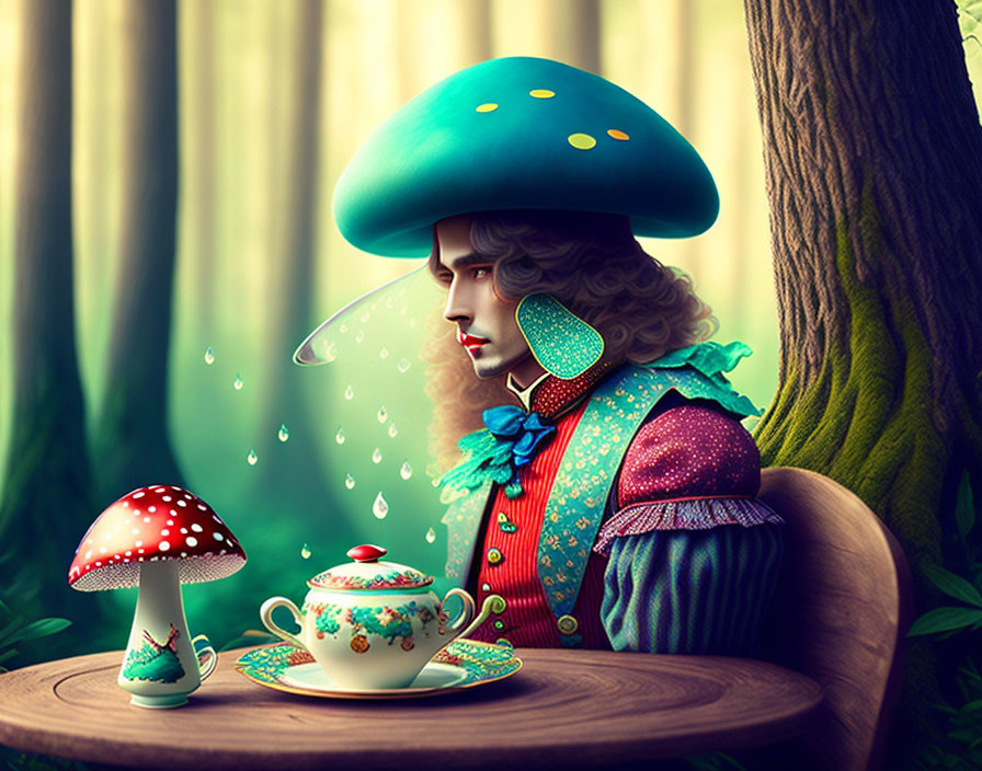 Surreal portrait of person with mushroom hat in whimsical forest