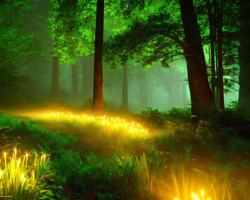 Enchanting forest scene with vibrant green foliage and glowing lights in soft fog