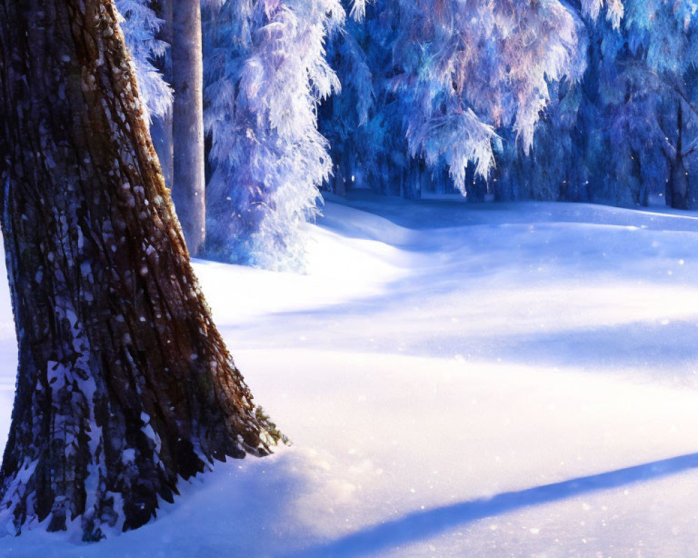 Snowy Landscape with Frost-Covered Tree Trunk and Untouched Snow