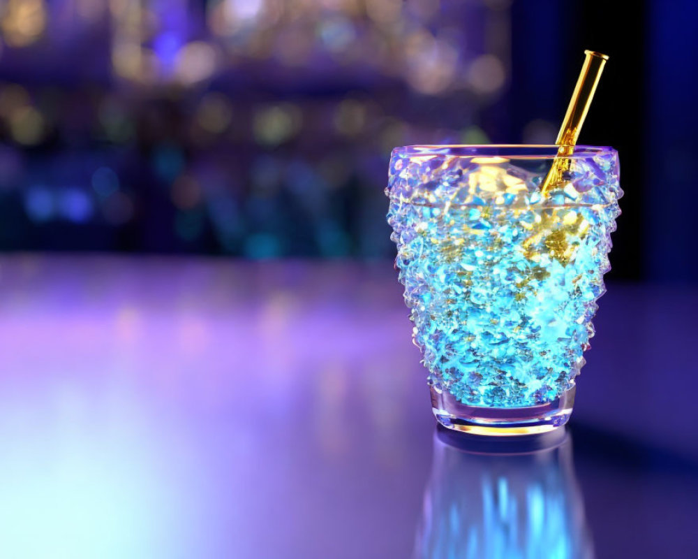 Blue Glitter Cocktail in Textured Glass with Golden Straw