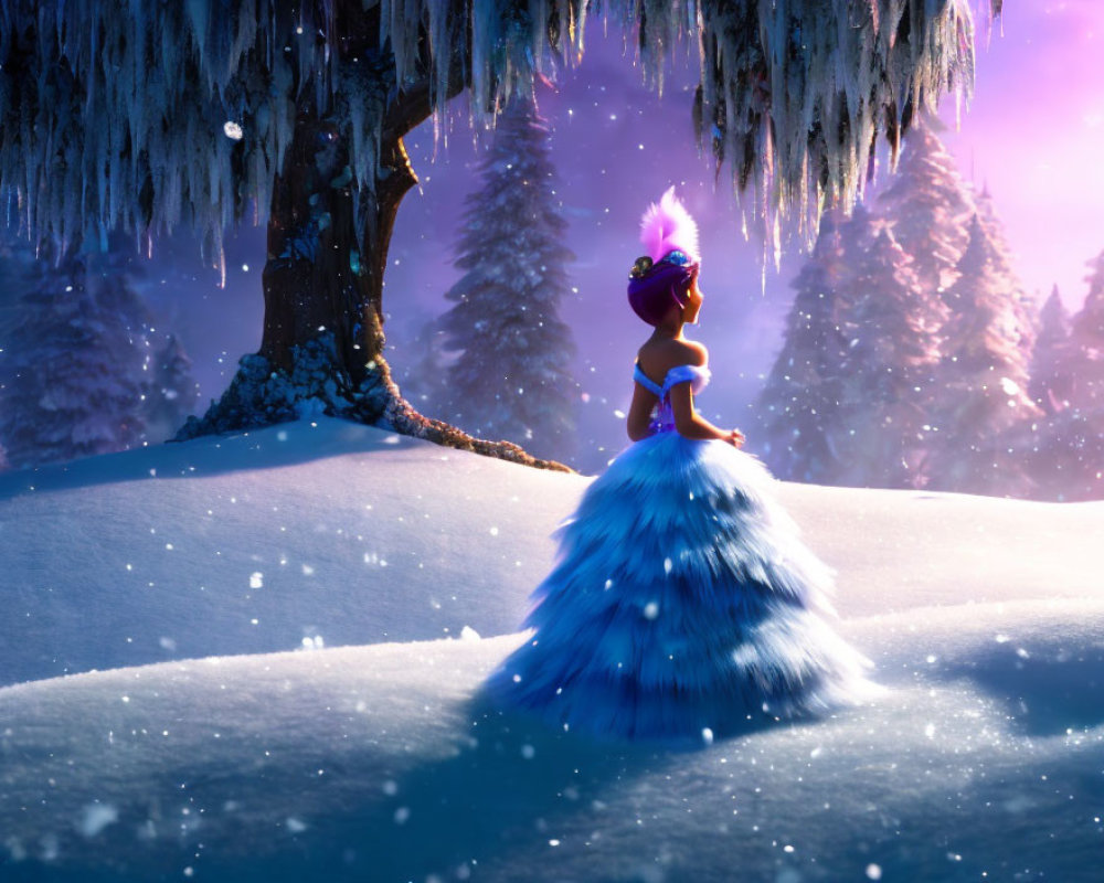 Animated character in dress under icy tree branches in snow-covered forest with soft sunlight.