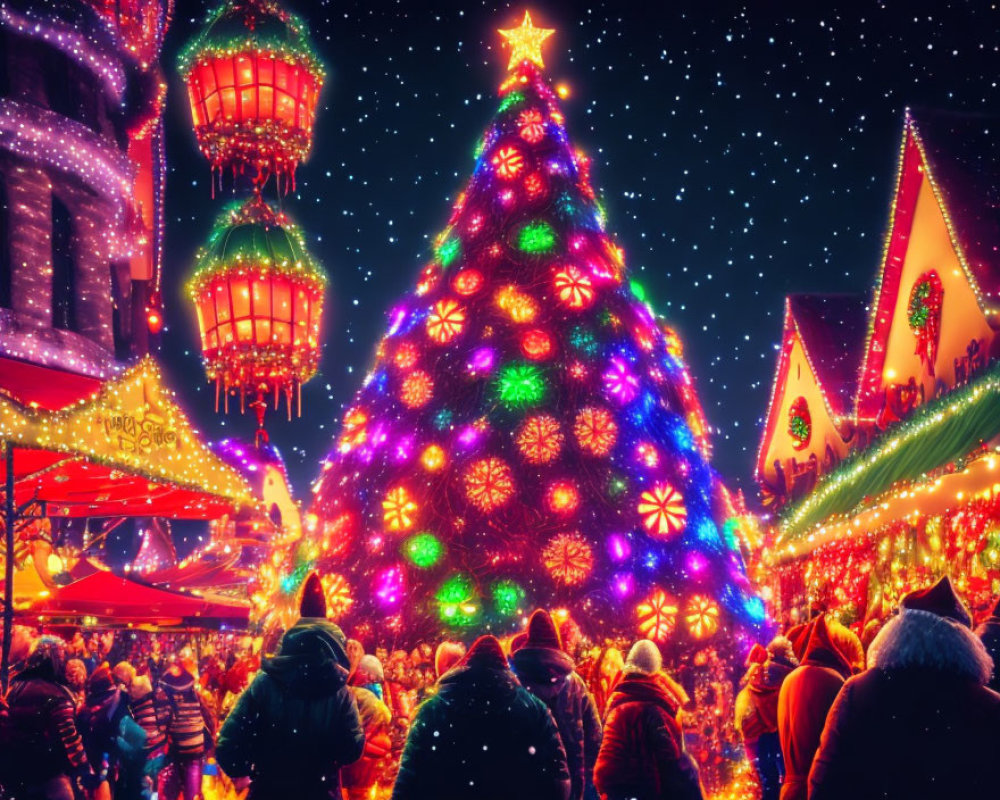Colorful Christmas Market with Lights, Tree, and Festive Decorations