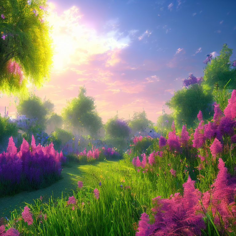 Vibrant purple flowers and lush green foliage in scenic landscape