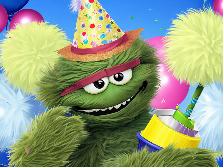 Green Monster Celebrating with Party Hat, Drumstick, Balloons, and Confetti