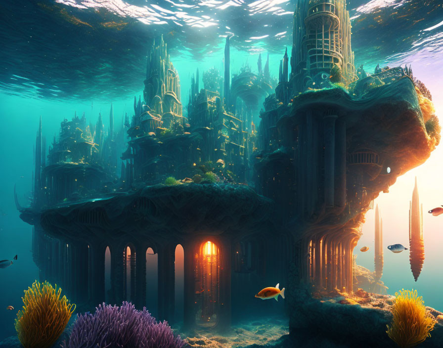 Vivid coral, fish schools, and illuminated structures in an underwater city