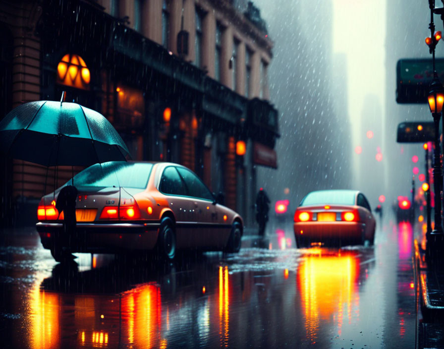 Rainy City Street Scene with Glowing Taillights and Umbrella Person