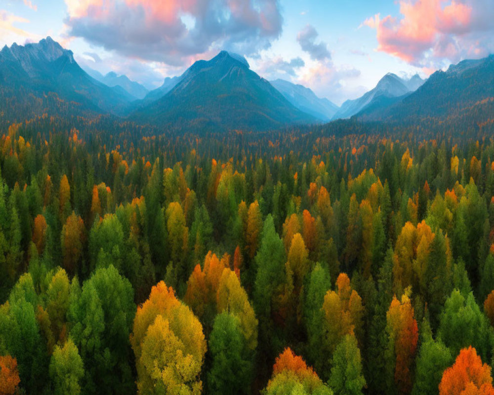 Panoramic autumn forest landscape with colorful foliage and mountain backdrop