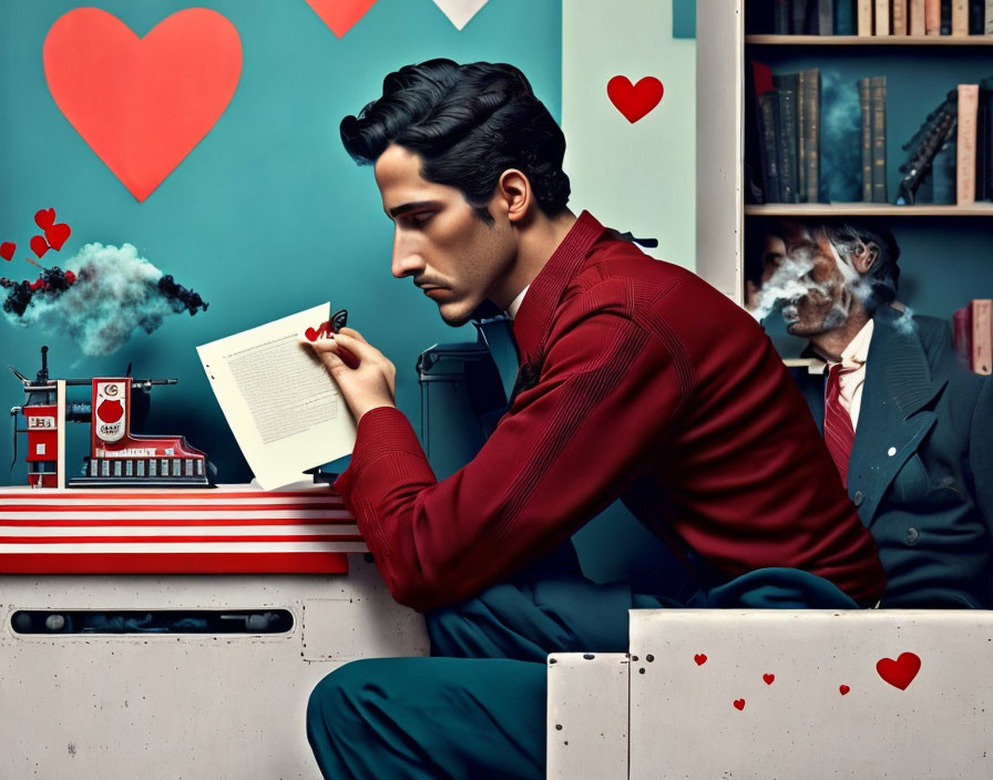 Stylized image of a man in red suit at writing desk, with smoke-formed head against heart