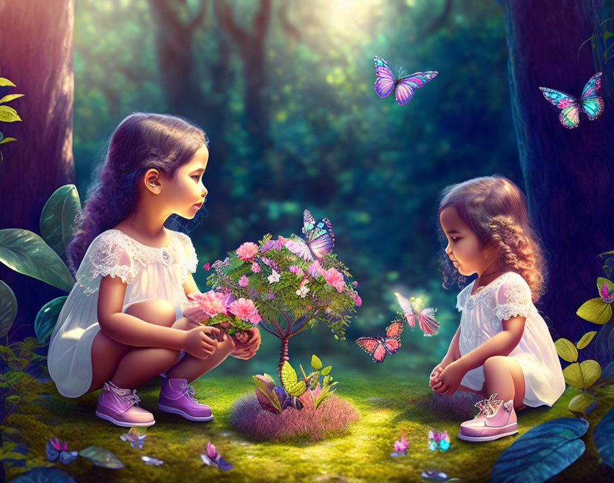 Young girls in magical forest with luminous butterfly tree and fluttering butterflies.