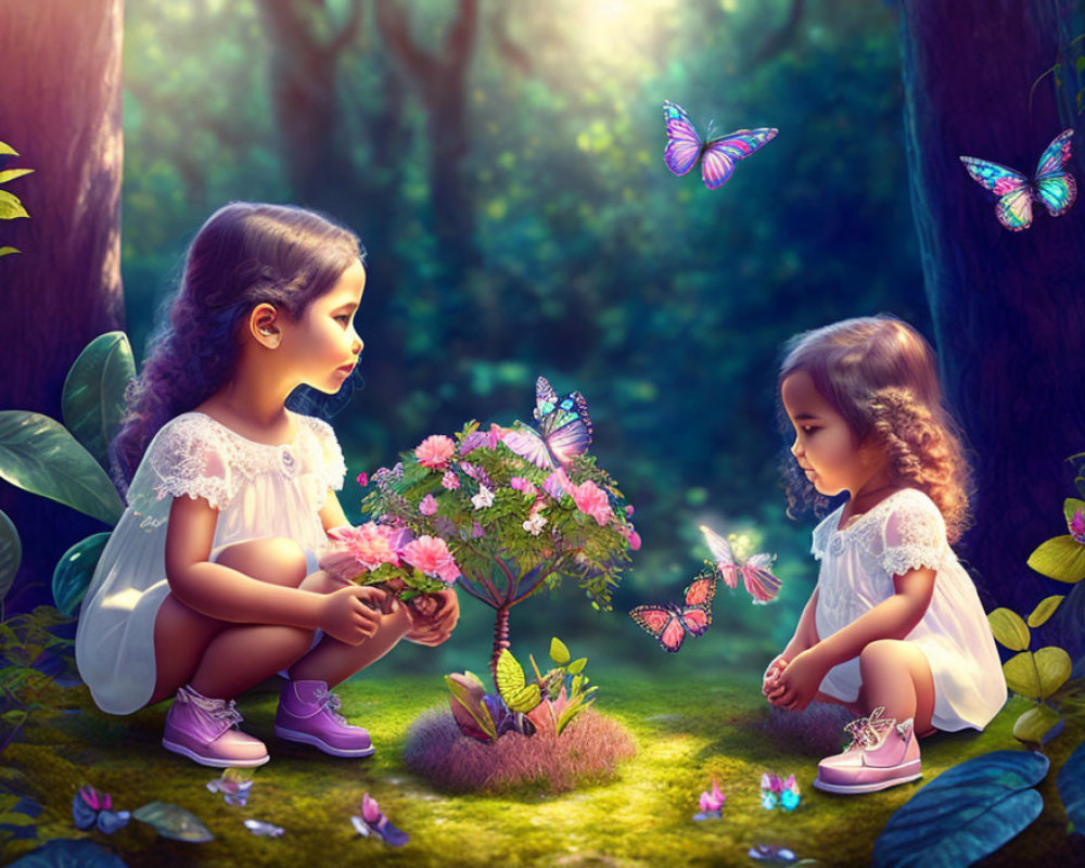 Young girls in magical forest with luminous butterfly tree and fluttering butterflies.