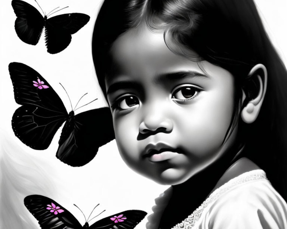 Monochrome portrait of young girl with long hair and purple butterflies