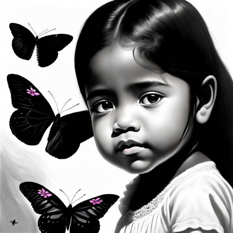 Monochrome portrait of young girl with long hair and purple butterflies